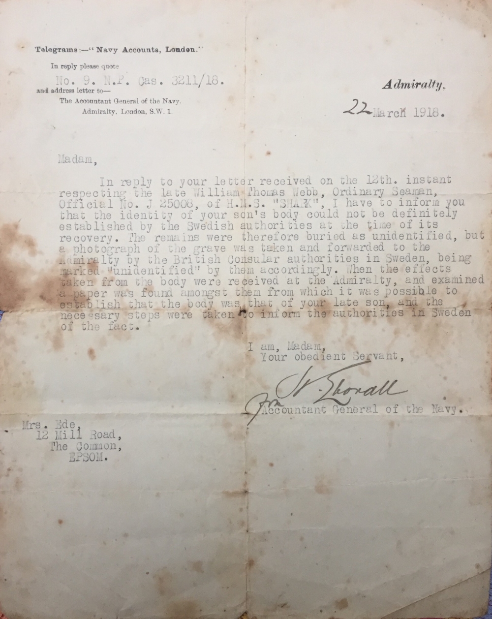 A RARE & UNIQUELY COMPLETE, BATTLE OF JUTLAND  "VICTORIA CROSS ACTION" CASUALTY 1914-15 STAR TRIO, PLAQUE, SCROLL & PAPERS. J.25008. Ord Smn W.T. WEBB. R.N. HMS SHARK. K.I.A. JUTLAND