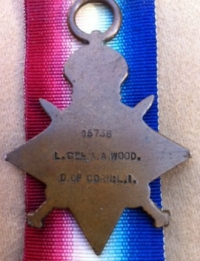 1914-15 Star (single) To: 15736. L/Cpl A.A. WOOD. 6th Bn D.C.L.I (K.I.A.) Delville Wood.