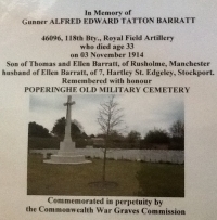 An Early 1914 Star & Bar Trio Casualty  ( Died of Wounds 3rd November 1914 ) To: 46096. Gunner. ALFRED EDWARD TATTON BARRAT.  118th Bty, Royal Field Artillery .