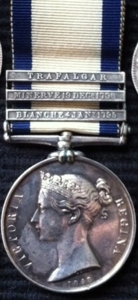 THE UNIQUE & MAGNIFICENT THREE CLASP NAVAL GENERAL SERVICE MEDAL: TRAFALGAR, MINERVE 19th DECr 1796, BLANCHE 4th JANy 1795. To: