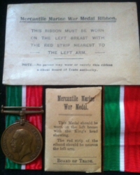 AN UNUSUALLY COMPLETE MERCANTILE MARINE & WAR MEDAL PAIR.To: WALTER HOWARD (50 Thornby Rd, Lower Clapton, London, E5) With all the original ribbon and medal issue envelopes, boxes and papers. 