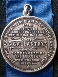 A VERY RARE & MUCH SOUGHT AFTER C.Q.D. MEDAL "FOR GALLANTRY" (1909) Presented to the crews of SS REPUBLIC, SS BALTIC & SS FLORIDA for their heroic actions in saving 1700 lives after the collision of SS REPUBLIC & SS FLORIDA 