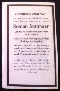 AN SCARCE & ATTRIBUTABLE WWII GERMAN IRON CROSS 2nd Class, War Merit Cross with Swords,Winter Medal & Wound badge. To:ROMAN BUTTINGER. Mountain Hunter-Regiment  (Stalingrad Division) K.I.A.   21.1.45