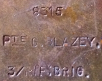 Q.S.A, 1914 Star & Bar Trio & Plaque: (3rd Rifle Brigade) KIA. 22nd Oct, 1914. To: 8315. Pte G. BLAZEY, RIFLE BDE. An early \