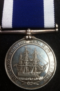 A VERY DESIRABLE "WIDE SUSPENDER" LONG SERVICE GOOD CONDUCT MEDAL (RN) WITH THE ULTRA RARE "SERVICE  EDGE". To:W. ALLFORD. CHIEF Grs Mt HMS DUKE OF WELLINGTON. 24 Yrs. 