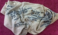 A SUPERB  R.A.F. (BOMBER COMMAND) SILK SCARF (WWII). EMBROIDERED WITH THE NAMES OF 6 CREWMEN FROM No