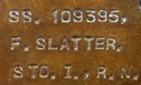 AN EMOTIVE  "BATTLE OF CORONEL" 1914-15 Star Trio & Plaque. H.M.S. GOOD HOPE. To: SS.109395. FRED SLATTER Sto,1. KILLED IN ACTION 1.11.1914 (Sunk by SCHARNHORST & GNEISENAU off the coast of Chile) 