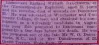 A rare 1914-15 "Officer Casualty" Trio. To; Lt R.W. DANCKWERTS. 1st Gloucester Regt. KILLED-IN-ACTION 22nd DECEMBER 1914. Son of a distinguished old German family. Brothers were Vice Admiral (CMG) RN & a George Cross winner.