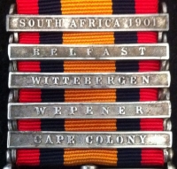 A VERY RARE "WEPENER" FIVE CLASP QUEENS SOUTH AFRICA MEDAL. To: 5057 Trooper. J. ROBSON 2/BRABANT