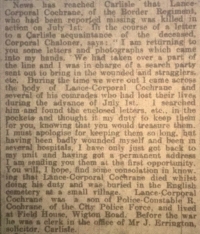 AN EXTREMELY RARE  "FIRST DAY OF THE SOMME" (CASUALTY) 1914-15 TRIO. To: 15359 L/Cpl T J Cochrane, 11th Border Regiment (The Lonsdale Pals) KILLED IN ACTION 1st JULY 1916 at THIEPVAL.