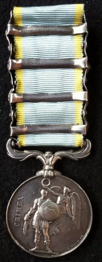 AN EXCELLENT "CASUALTY" FOUR CLASP CRIMEA MEDAL.
To: 4009 CPL. R. BURNETT. 1st COLDSTREAM GUARDS. Died 18th February 1855, probably due to dysentery or wounding at the Battle of Inkermann. 
