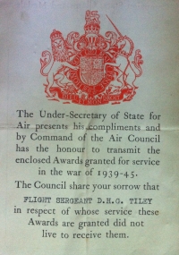 A VERY LATE "HALIFAX" III AIRCREW EUROPE (France & Germany) trio, box of issue & condolence slip: Flt/Sgt D.H.G. TILEY.(640 Sqd) R.A.F. LECONFIELD. Killed-in-Action 2nd March 1945. From Blackwood, Monmouthshire.