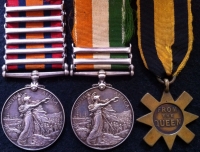 AN EXCELLENT QSA (SIX BATTLE CLASPS) & ASHANTI STAR TRIO.To: 8212. Pte. GEORGE ELSTON. COLDSTREAM GUARDS.
With Service Papers, Medal Rolls & Death Certificate. 
From Crewkerne, Somerset. Died Aberdare, Wales 1943. 