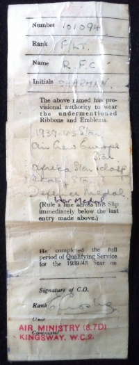 AN IMPORTANT & RARE R.A.F. (ARMY CO-OP) DESERT "FIGHTER PILOT" D.F.C. Group of 8,To: F/O R.F.C. SHARMAN. 225 Sqd. Flew HURRICANE, MUSTANG & SPITFIRES in UK, AFRICA & ITALY. Shot down twice in the desert. 