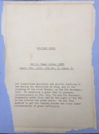 A fully attributed MILITARY CROSS cased single. Won, 9th NOVEMBER 1918, & one of the very last M.C.s of the Great War. To: Pte / 2nd Lt, EDGAR A. JAMES, Monmouthshire Regt. Lancashire Fusiliers & 13th East Lancashire Regiment.
