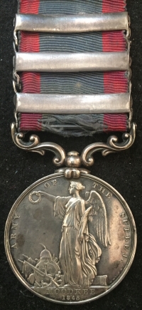 The Unique & Famous Battle of Sobraon "COLOURS CASUALTY" (MOODKEE 1846) THREE CLASP Sutlej Medal.TO; LIEUt C:H:G: TRITTON. KILLED IN ACTION while carrying the colours into battle at Sobraon.10th Feb 1846. 
  