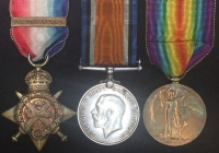 AN "OLD CONTEMPTIBLE" (MIRACLE SURVIVOR) 1914 Star & Bar Trio: 3-10294. Pte B.HOWKINS. 1/NORTHAMPTONSHIRE, REGT.
Served right through the war from November 1914. Not many made it. 