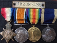 AN INTERESTING "BRUNNING BROTHERS" R.N. & R.F.R. ASSEMBLY of 1914-15 (R.N) Trio with LSGC & 1914-15 (R.F.R) Trio "Torpedoed" in HMS CLACTON by U-73 "Blue Max" Submarine Ace, Gustav Sieb, 3rd August 1916. 
