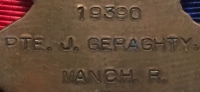 A HIGHLY DESIRABLE "1st Day of The Somme" 1914-15 Star "MANCHESTER PALS" Casualty Trio.19390. Pte. J. GERAGHTY.
(6th City Pals) 21/Bn MANCHESTER REGT / "D" Coy / 15th Plt.
KILLED IN ACTION 1st JULY 1916. MAMETZ .