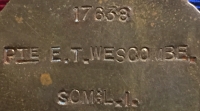 An Excellent, 1st DAY OF THE SOMME \"CASUALTY\" 
1914-15 Trio & Plaque: To: 17639 Pte E.T WESCOMBE, 8th Somerset Light Infantry. A native of West Bagborough, Taunton. KILLED IN ACTION 1st JULY 1916.