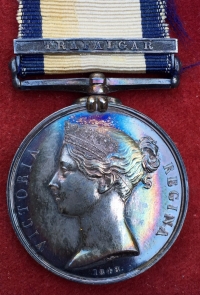 A MAGNIFICENT & VERY RARE NAVAL GENERAL SERVICE MEDAL, “TRAFALGAR”. Uniquely Named To: JAMES HINDS. “Boy” H.M.S. PHEASANT & H.M.S. SPARTIATE. “THE MEDAL IS IN GEM MINT STATE” 
