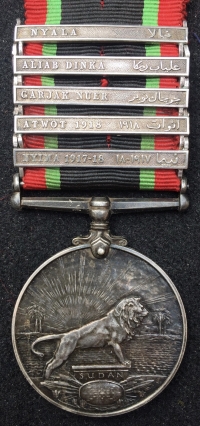 A SUPERB & VERY RARE “FIVE CLASP” KHEDIVE’S SUDAN MEDAL.(1910) (UNNAMED AS ISSUED) on ORIGINAL SILK & COTTON RIBBON. (With FIVE Totally Unavailable Clasps)