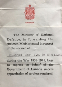 An Important Canadian “Memorial Cross” Casualty Group of three.
To: Sgt Pilot, Victor George De Havilland. Killed in an accident while unauthorised low flying, 15th September 1942. The Nephew of Sir Geoffrey De Havilland.