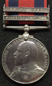 AN EXTREMELY RARE “TRANSPORT MEDAL” (EDWARD VII)
With “TWO CLASPS” [SOUTH AFRICA 1899-1902] & [CHINA 1900]. To: JOHN HASTIE ROBERTSON (Chief Engineer) TORPEDOED by UC-62 on  28th July 1917.
