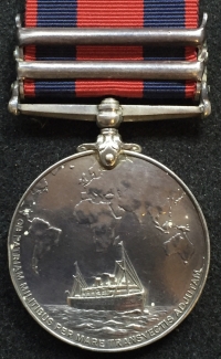 AN EXTREMELY RARE “TRANSPORT MEDAL” (EDWARD VII)
With “TWO CLASPS” [SOUTH AFRICA 1899-1902] & [CHINA 1900]. To: JOHN HASTIE ROBERTSON (Chief Engineer) TORPEDOED by UC-62 on  28th July 1917.