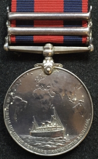 AN EXTREMELY RARE “TRANSPORT MEDAL” (EDWARD VII)
With “TWO CLASPS” [SOUTH AFRICA 1899-1902] & [CHINA 1900]. To: JOHN HASTIE ROBERTSON (Chief Engineer) TORPEDOED by UC-62 on  28th July 1917.