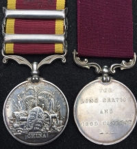 AN EXCELLENT 2nd CHINA WAR MEDAL ”PEKIN 1860” & “TAKU FORTS 1860” with LONG SERVICE & GOOD CONDUCT MEDAL. To: GUNNER THOs BROWN. 4th Bde. Rl ARTy. 
An Attractive & Original Pair in GVF / EF