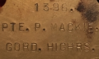 A GREATLY EMOTIVE “ARRAS” (5th GORDONS) CASUALTY 
1914-15 Trio, with original WW1 aluminium Dog Tag. To. 1396 & 240111 Sgt Peter Mackie, 5th GORDONS. KILLED-IN-ACTION 
16th / 17th MAY 1917.