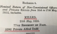 AN ATTRACTIVE &  RARE CRIMEA MEDAL (Sebastopol)
To: 3286. Private Alfred DODD. 77th Foot (East Middlesex) Regt.
KILLED IN ACTION at “Battle of Sebastopol”. 25th May 1855.
With Original Victorian Cotton & Silk Ribbon