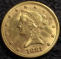 A Very Attractive UNITED STATES of AMERICA  1881 $10 “Eagle” Gold Piece.  Weight 16.718 gms of .900 gold & Containing .48375 Ounce Pure Gold. EF/GEF