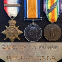 The Famous & Critical, 22nd August 1914 ”Von Kluck & Mons Retreat” recce’ 1914 Star & Bar (MID)Trio. Lt V.H.N. WADHAM, 3 Sqd RFC. Killed in Action 17th Jan 1916. To France 13th Aug 1914 with Sgt F.C Whenman’s 1914 Star & Bar Trio, with RAF M.S.M. & L.S.G.C.