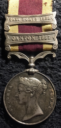 A UNIQUE & UNUSUAL 2nd CHINA WAR MEDAL.
“TAKU FORTS 1858” & “CANTON 1857” 
To. 79. By 1st. CLs. J. CARLESS. H.M.S. ENCOUNTER.