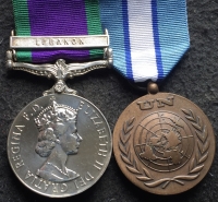 An Extremely Rare “Cavalry” G.S.M. “LEBANON” with U.N. Medal.
“OPERATION HYPERION” (1982-1984)
To:24476204 TPR J HAYES 16th /5th LANCERS.