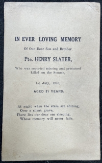 An Outstanding 1st DAY OF THE SOMME Redan Ridge, Beaumont Hamel-Serre. “CASUALTY” 1914-15 Trio, Plaque, Photo & Full Papers. S/11987 Rflm. HENRY SLATER.1st Rifle Brigade.(& 9th Lancers) KILLED-in-ACTION 1st July 1916