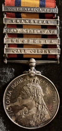 An Excellent Officer’s Queen’s South Africa Medal. Five Clasps, Including “RHODESIA” To: Lieut Douglas Marriott. 50th Coy’ 17th Bn Imp Yeomanry. An old boy of Repton School & New College, Oxford.
DIED OF ENTERIC FEVER.