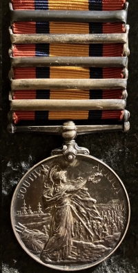 An Excellent Officer’s Queen’s South Africa Medal. Five Clasps, Including “RHODESIA” To: Lieut Douglas Marriott. 50th Coy’ 17th Bn Imp Yeomanry. An old boy of Repton School & New College, Oxford.
DIED OF ENTERIC FEVER.