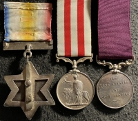 A UNIQUE, UNUSUAL & EARLY VICTORIAN TRIO. “Gwalior Star (Punniar)1843, Indian Mutiny, 1857, and L.S.G.C. Trio” Pte G. MOORE. Served 3rd, 39th & 32nd foot 1839-1861.With fabulous original parchments documents.