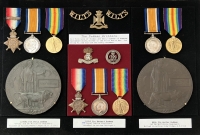 An Historic “Three Casualty Brothers” grouping of Eight medals, Two Plaques, & S.W.Badge. 1914 Trio, K.I.A. Neuve Chapelle, (2/Wilts), Pair, K.I.A. Vimy Ridge, (1st Wilts) 1914-15 Trio, (7/Royal Dublin Fus). Serious Wound, Gallipoli,